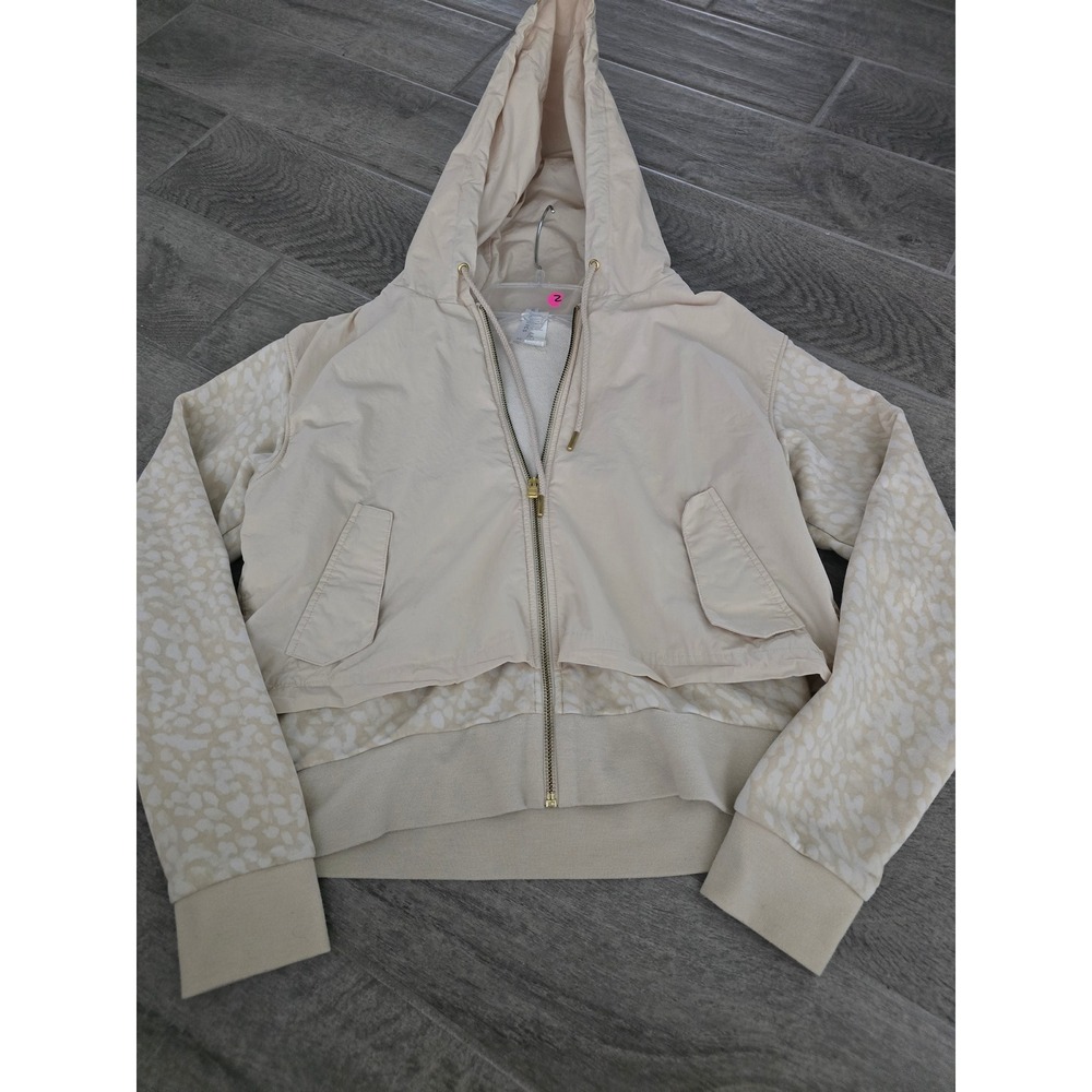 Fabletics Womens XS Cream Leopard Mixed Media Full Zip Cropped Hoodie Jacket
